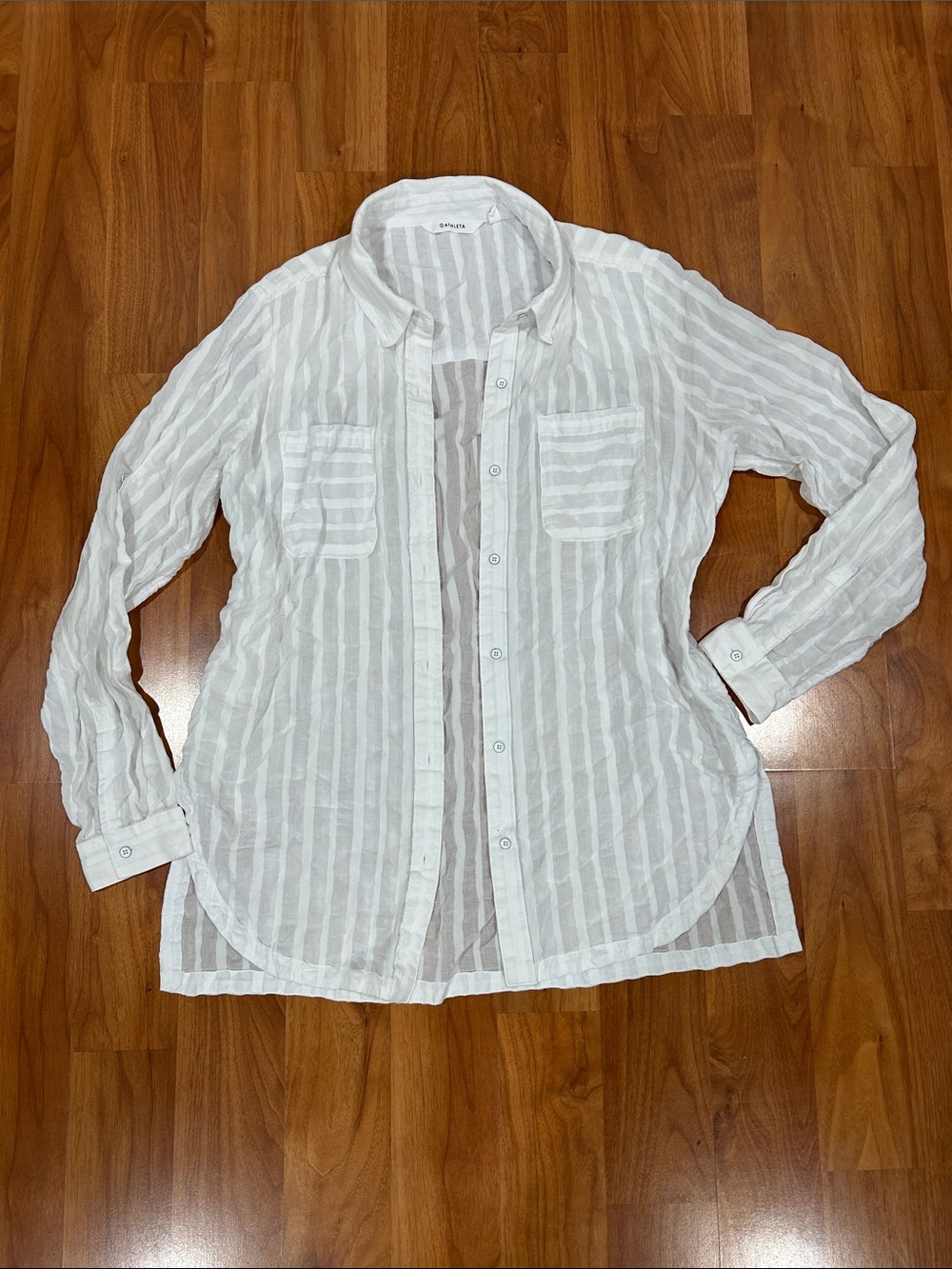 Athleta White Sheer Vertical-Stripe Button Shirt